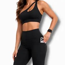 Conjunto de Academia Fitness Calça Legging com Bolso e Top um Ombro Só Roupa de Academia Feminina