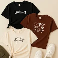 Kit com 3 camisetas femininas Los Angeles, Corações Rabisco e Batimento