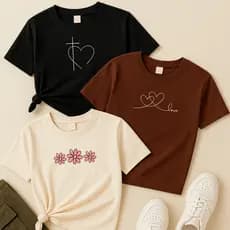 Blusas femininas kit3 Cruz Coração, Coração Love e Flores Rosa