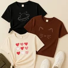 Blusas femininas kit3 Planeta, Gatinho Bigode e Corações Textura