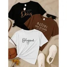 Kit 3 Camisetas Femininas Gospel Blessed Deus Confio em Ti Algodão Premium Estampadas e Estilo Moda!