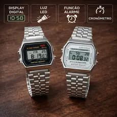 Relógio Digital Vintage Aço Inoxidável LED Alarme Cronômetro Resistente à Água Retrô