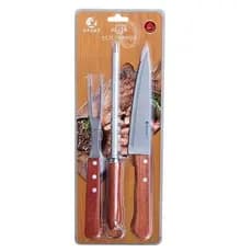Kit Tres Pecas Churrasco Cabo Madeira Aco Inox Resistente Ferramentas Essenciais