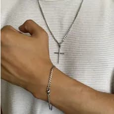 Corrente Colar 60CM 70CM e/ou Pulseira Masculina Banhada a Aço Inoxidável Pingente Cruz Palito