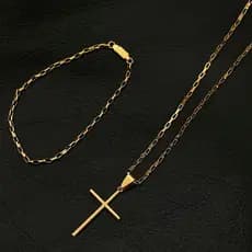 Colar Corrente Masculina Grumet Dourada Pingente Cruz Unissex + Pulseira Tijolinho Aço Inoxidável