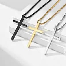 Colar Masculino Cruz Minimalista em Aço Inoxidável Estilo Fé Preto Prateado
