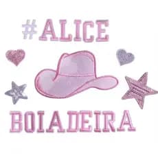 Kit 7 letras + 5 desenhos Boiadeira Unicornio Estrela Coração Paete Aplique Patch Bordado Termocolante