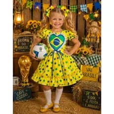 Vestido Festa Junina Infantil Brasil Luxo Xadrez com Laços e Renda