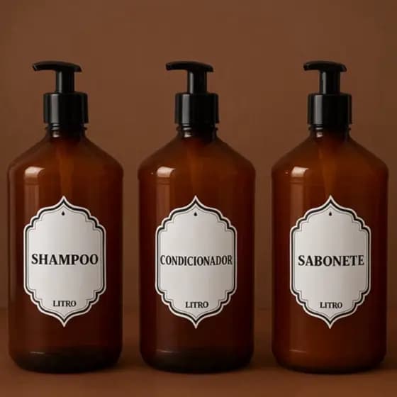 Kit 3 Frascos Âmbar para banheiro e organizaçã casa mesa e banho shampoo/sabão líquido/conficionador