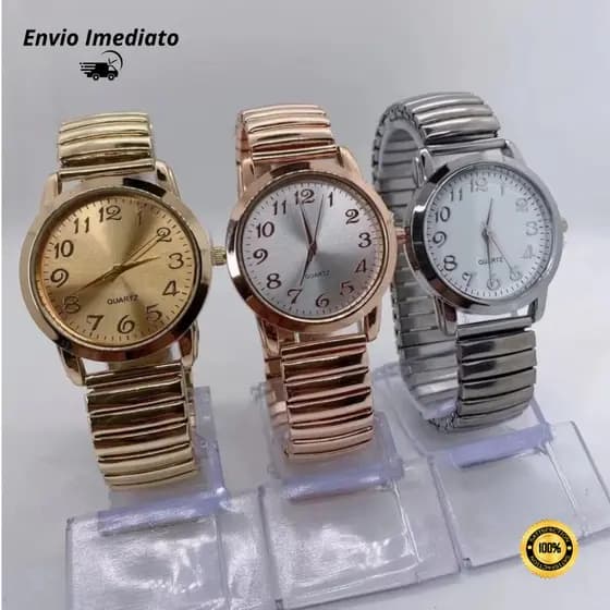 Relógio Feminino Quartzo Pulseira Elástica Redondo Dourado e Rose prata Moda Blogueira Preto Prata