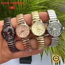 Relógio Feminino de pulso Quartz Pulseira Elástica analógico Redondo Dourado e Rose breto prata Preto Moda Blogueira