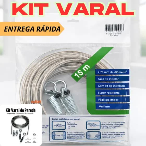 Varal de Parede Em Aço Revestido PVC Com Kit Instalação Cabo De Aço Encapado 4mm com Gancho e Clips Varios Tamanhos