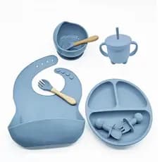 Kit Talheres de Silicone Bebê 8 Peças infantil ventosa colher garfo babador e canudo alimentação