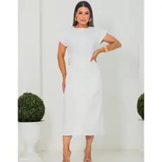 Vestido Feminino Midi Fivela Acinturado Alfaiataria Elegante