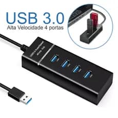 Hub USB 3.0 Alta Velocidade 4 Portas Preto Led Indicador 5.0Gbps Super Speed