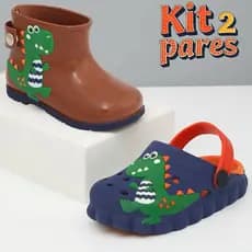 Kit bota galocha e babuche infantil menino masculino dinossauro lançamento