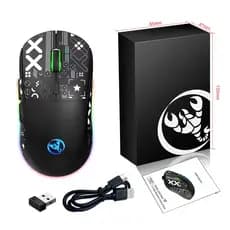 Mouse HXSJ-T90 Ergonômico Sem Fio para Jogos, 2.4G, 3600 DPI, Iluminação RGB, Tipo-C, Recarregável