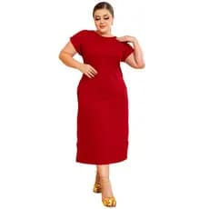 Vestido Midi Manga Curta Plus Size em Malha Canelada Veste Até 48 Moda Evangélica