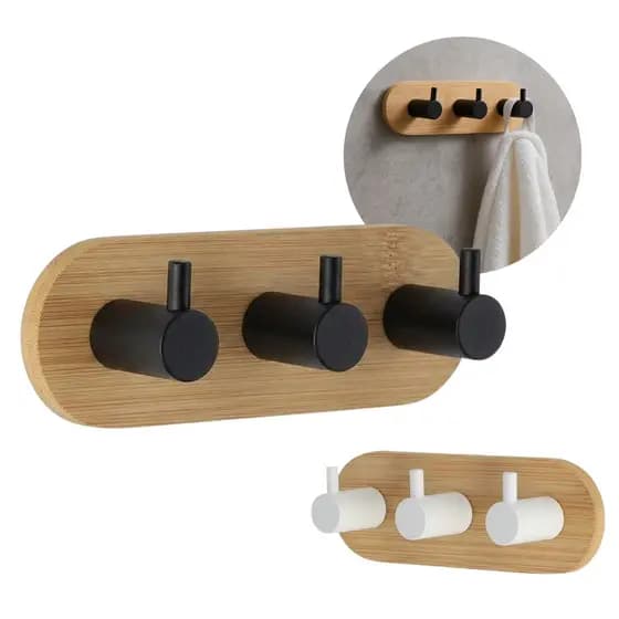 Gancho Triplo De Bambu Suporte Adesivo Parede Toalha Roupa