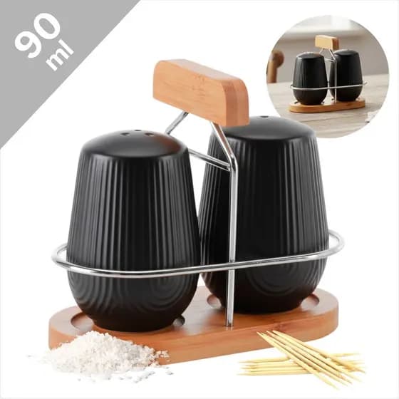 Kit Porta Temperos Saleiro Pimenteiro Cerâmica Preto Suporte Madeira Bambu Oásis Mesa Posta Luxo