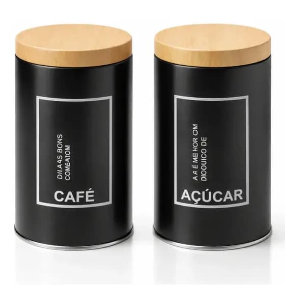 Potes Café Açúcar Tampa Amadeirada Metal Preto Organizador Alimentos Cozinha