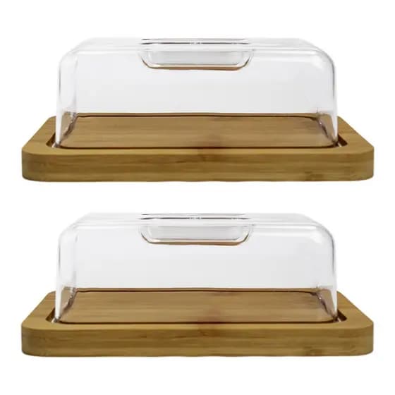 Kit 2 Porta Frios de Bambu Com Tampa Acrílica Para Queijo Salame Presunto