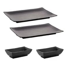 Kit 4 Peças Comida Japonesa Melamina Preta 2 Travessas Sushi E 2 Porta Shoyu Uso Doméstico