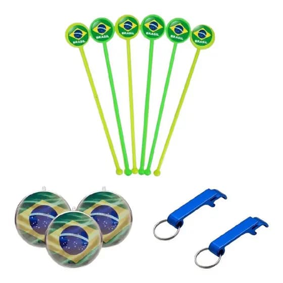 Kit Decoração Torcida Brasil 20 Esferas 20 Mexedores Brilha Na Luz Negra 10 Abridores Azul