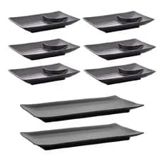 8 Peças Sushi Melamina Preta Premium 6 Pratos 19cm 2 Travessas 30cm Alta Resistência