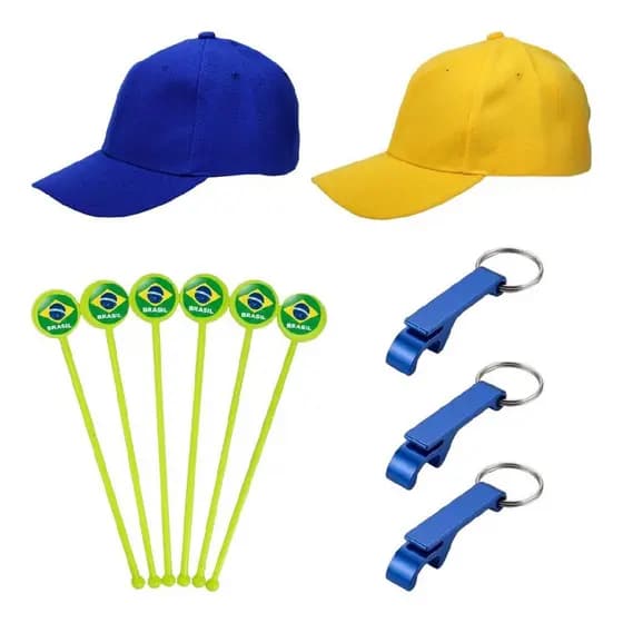 10 Bonés Brasil Torcida + 10 Abridores Chaveiro Azul + 10 Mexedores Drink Decoração Festa