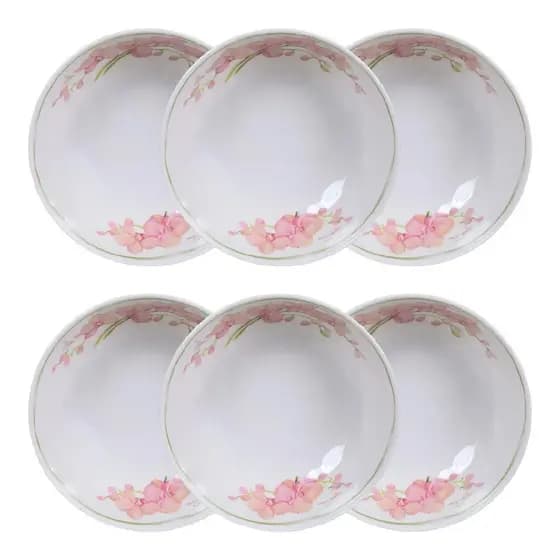 Conjunto 6 Bowls Melamina 650ml Off White Estampa Orquídea Para Sopas Caldos E Açaí
