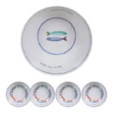 Kit 5 Peças Saladeira 3L E 4 Bowls Melamina Naval Bacio Del Mare Alta Resistência Churrasco