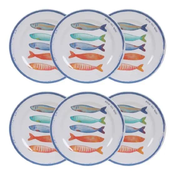 Conjunto 6 Pratos Refeição Raso Melamina 27,7cm Naval Mediterrâneo Peixes Decoração Verão