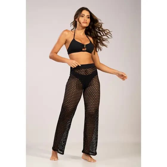 Calça Saída de Praia Feminina Vekyo Estilo Tricot Flare Cintura Alta
