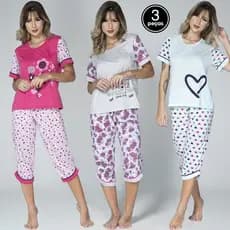 Promoção Kit 3  Pijama Feminino Pescador  Bermuda Adulto  Blusa  Calça Curta Inverno Barato