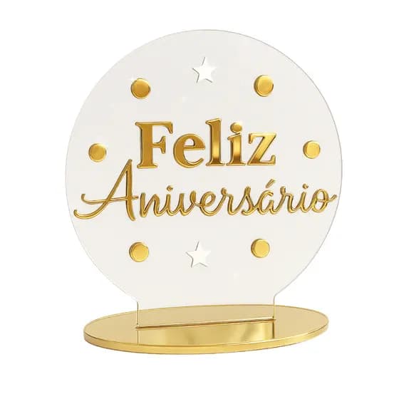 Topo de bolo Feliz Aniversário em Acrílico Transparente e Dourado Espelhado Topper