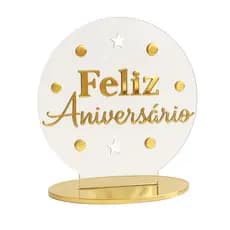 Topo de bolo Feliz Aniversário em Acrílico Transparente e Dourado Espelhado Topper