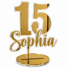 Topo de bolo Topper Personalizado Nome e Idade Acrílico Dourado Espelhado Festas Casamentos Eventos Cerimônias Luxo FGK