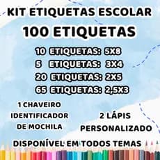 KIT ESCOLAR ETIQUETA PERSONALIZADA 100 etiquetas 1 chaveiro identificador de mochila 2 lapis