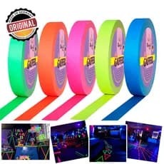 Fita Gaffer Tecido Kit 5 Cores 12mm x 5mts Efeito Neon Fluorescente Na Luz Negra Decorar Festas Balada Cha de Cozinha de Bebe Profissional  Demarcaçao de Palco  Eventos Sinalizaçao Nao Deixa Residuos UV Tape Reactive Blacklight Produto Original Alemanha
