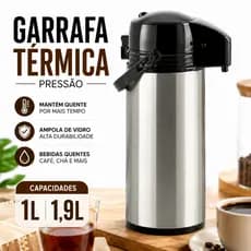 Garrafa Térmica Café GLT Pressão 1L e 1,9L Vidro Inox Metalizadora Mantem Quente Bebidas Chá Casutil