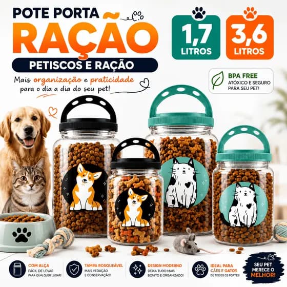 Pote Porta Ração Petiscos Pet Para Cachorro E Gato Pet 3,6L e 1,7Litros Com Alça Recipiente BPA Free