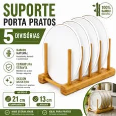 Suporte Escorredor Porta Pratos De Bancada De Bambu 5 Divisorias 21cm x 13cm Copo Multiuso Universal