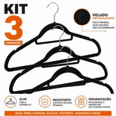Kit 3 Cabides De Veludo Preto Antideslizante Slim Fino Resistente Para Organização De Roupas