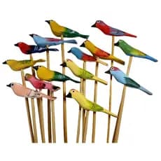 Passarinho De Madeira Kit com 7 No Espeto Palito Passaro Saira Enfeite Saira Casa Vaso Jardim