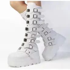 Plataforma plana com zíper sapatos de borracha femininos dedo do pé redondo joelho botas altas punk botas cosplay