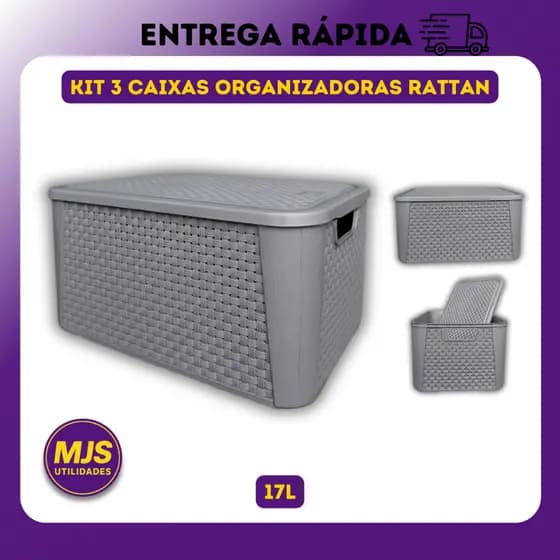 Kit 3 x Caixa Organizadora Rattan 17 Litros Cesto Plastico Organizador Multiuso Empilhavel Com Tampa
