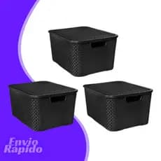 Kit 3 X Caixa Rattan Empilhável Cesto C/ Tampa 7 Litros Arqplast Organizador Plastico Multiuso Decorativo Preto Marrom