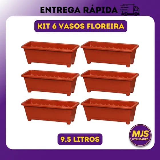 Kit 6 X Vaso Jardineira Floreira Grande 9,5 Litros Plástico Reforçado Decoração Plantar Flores Mudas