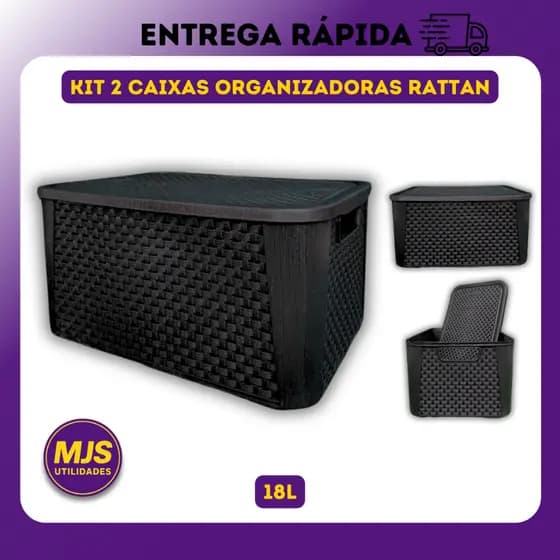 2 X Caixas Organizadora Rattan 18 Litros Cesto Organizador Multiuso Plastico Reforçado Com Tampa 18L